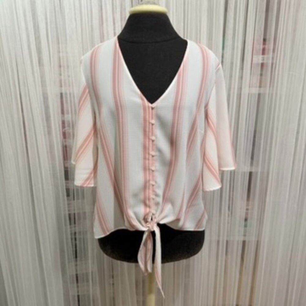 Lush Krisantha Tie-front Blouse Mauve & Cream Camp Shirt Size Medium